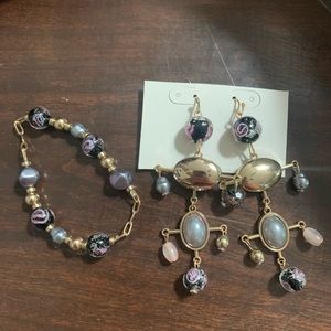 Beaded bracelet and earrings set blue cross beads